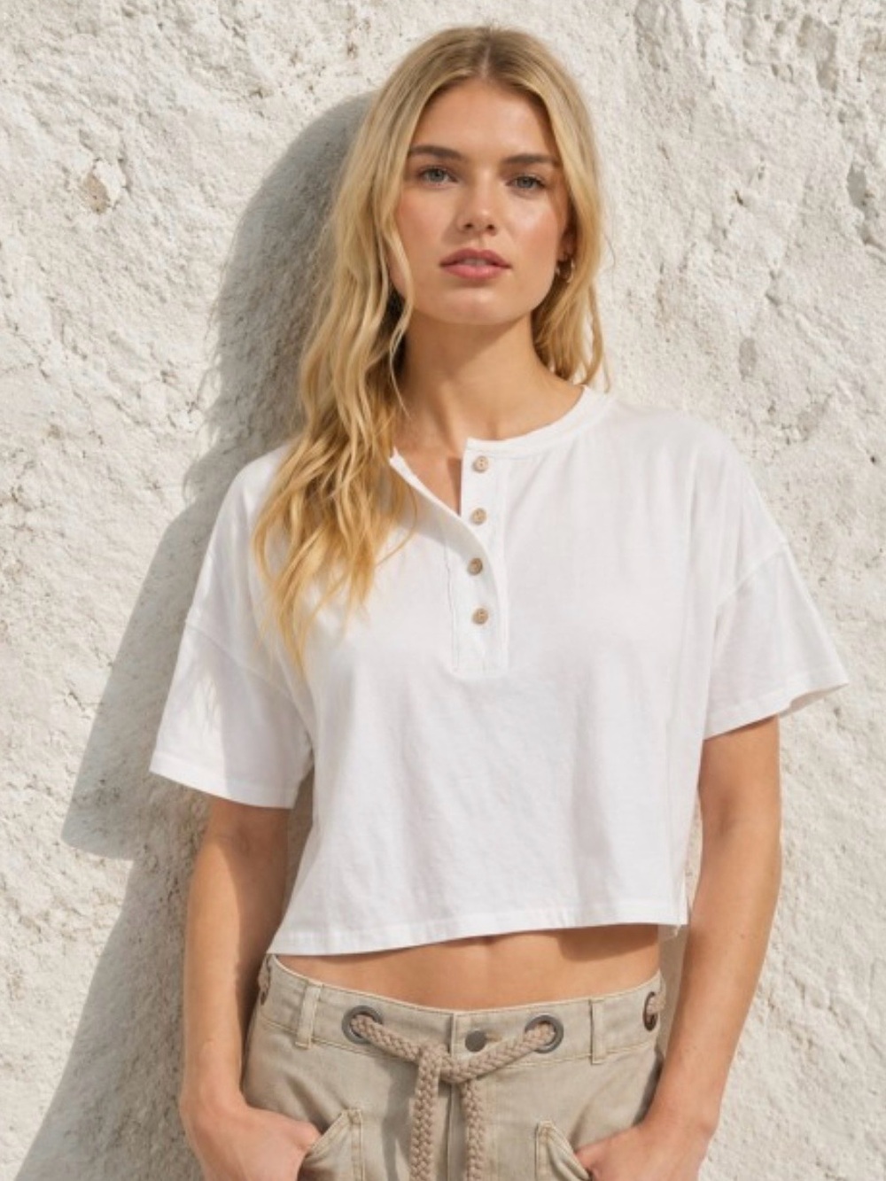 JOA Boxy Short Sleeve Henley Crop Top